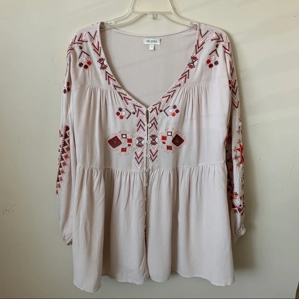 Velzera Pink Embroidered Boho Blouse size L